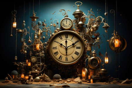 Large clock on the wall surrounded by numerous clocks and glowing lamps dot concept of time management, circadian rhythmの素材