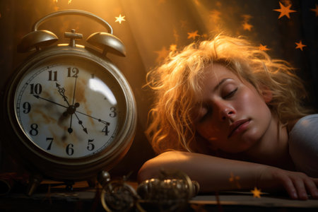 A sleeping woman against the backdrop of a large alarm clock illuminated by golden light. Concept of healthy sleep, sleep disorders, circadian rhythmsの素材