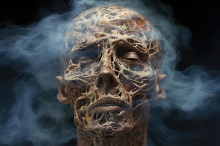 Death concept. Skull without skin in a haze on a black background. smoking harm conceptの素材