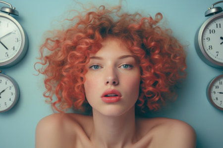 A woman with curly hair against the background of different alarm clocks. Concept of time, circadian cyclesの素材
