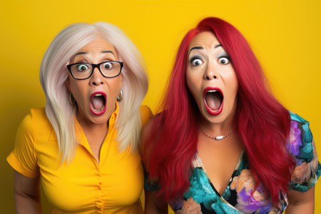 Two women with colorful hair are shocked by the low price of a product, a visual representation of the concept of discountsの素材