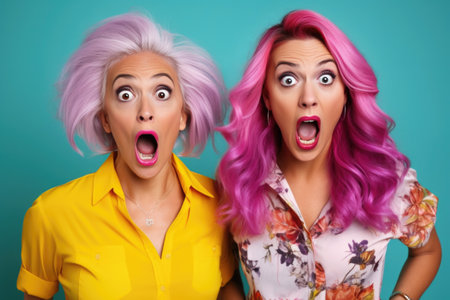 Two women with colorful hair are amazed by the great deals, a reminder that even the best deals can be surprisingの素材