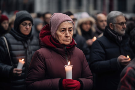 A funeral procession of people holding candles walks down a city street, a reminder of the importance of remembering those who have passedの素材