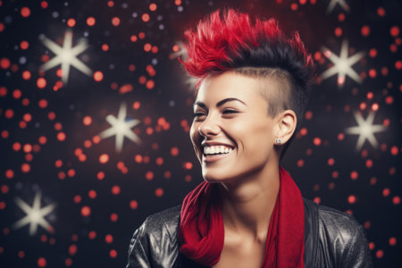 Stylish informal woman with red mohawk laughs against Christmas, New Year holiday backgroundの素材