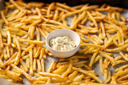 Freshly prepared French fries lying in front of the oven and sauce for them with herbs