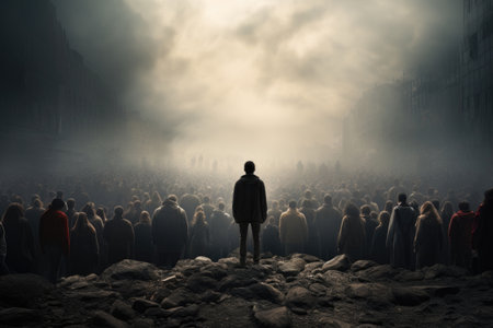 An image of an unrecognizable man standing with his back in front of whom many people turned away from him on a city street. Cancel culture concept, ignoring societyの素材
