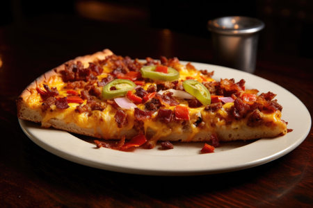 Plunge into the universe of St. Louis-style pizza, displaying a paper-thin, crunchy foundation reminiscent of crackers, embellished with ample servings of bacon, sausage, onions, and bell peppersの素材