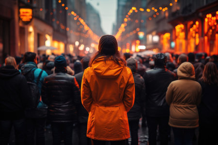Photograph of back of woman on evening street, in front of which there are many people who have turned away;. Ignoring society, concept of cancel cultureの素材
