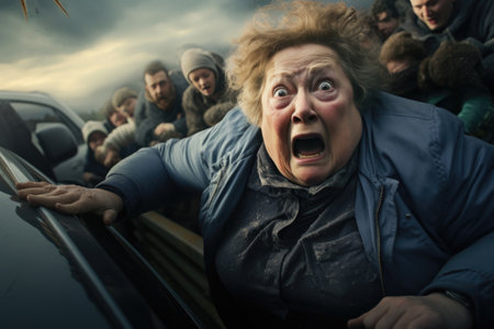 Shocked woman during a traffic accident. A woman screams on the road against the backdrop of many carsの素材