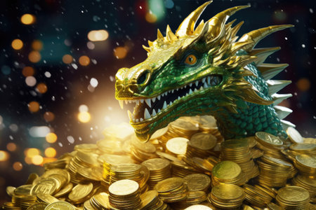 A festive scene of a green dragon, a symbol of good luck and prosperity, surrounded by golden coinsの素材