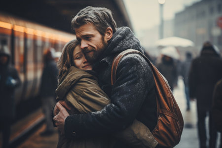 A couple in love hugs on a city street in winter. Waiting for separation, meeting after a long separationの素材