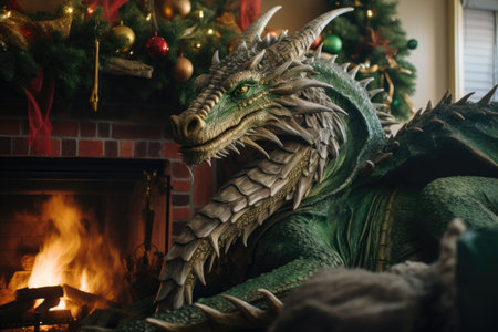 The symbol of 2024 is a green dragon sitting near the fireplace surrounded by Christmas New Year decor.の素材