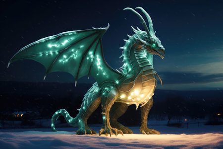 A magical scene of a green dragon against a backdrop of stars and snow. The dragon is a symbol of hope and new beginnings for the new yearの素材