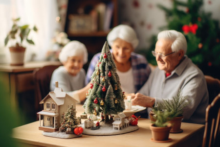 New Year's decorations Christmas tree house in the snow and blurred figures of pensioners in the backgroundの素材