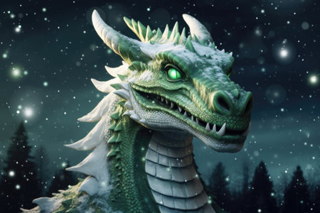 A magical scene of a green dragon against a backdrop of stars and snow. The dragon is a symbol of hope and new beginnings for the new yearの素材