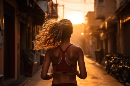A woman runs through a city street, bathed in the golden light of sunset. This is a beautiful image of the power of exercise and the benefits of runningの素材