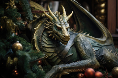 A green dragon, the symbol of the Year of the Green Dragon, sits by a fireplace surrounded by Christmas and New Year's decorations. The dragon is a symbol of good luck and prosperityの素材