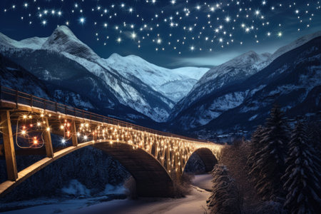 New Year's atmosphere. A bridge burning with bright lanterns and lights against the backdrop of the starry sky and mountains at night.の素材