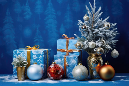 New Year's Christmas decor. Christmas tree branch New Year's toys and gifts on a blue backgroundの素材