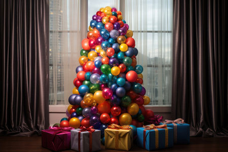 A dazzling New Year tree adorned with colorful decorations, illuminating the room with its festive brillianceの素材