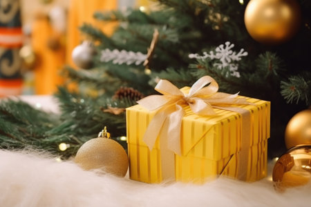 Photo of a gift under a New Year's, Christmas tree. Time to give giftsの素材
