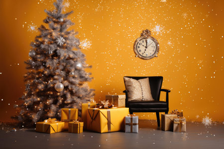 A Christmas tree and gifts are arranged in a festive scene against a yellow background with a clock. The image is a reminder of the magic of the holiday seasonの素材
