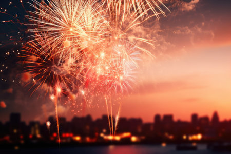 View of the night festive city against the sky with fireworks and saluteの素材