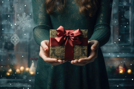 Festive Presents: A woman holds a Christmas and New Year's gift, capturing the holiday spiritの素材