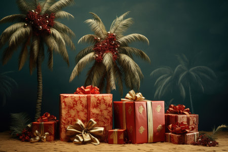 Tropical Festivities: New Year and Christmas gifts arranged beneath palm trees, celebrating the holiday spirit in warm climatesの素材