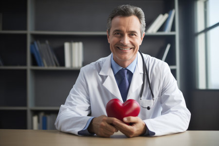 A cardiologist with a reassuring smile and a compassionate gaze helps a patient cope with a heart conditionの素材