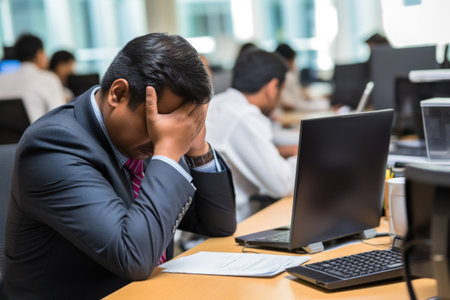 Office worker experiencing a headache, feeling stressed amidst deadlines. Work pressure, intense workplace strainの素材