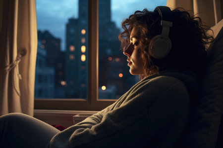 Bathed in the twilight, a young lady wearing headphones lies by the window, engrossed in melodies. Evening blissの素材