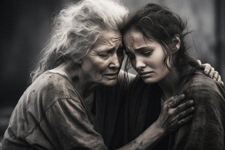 An image capturing the emotional bond between a young and an older woman, as they hug tightly, offering mutual support and reassuranceの素材