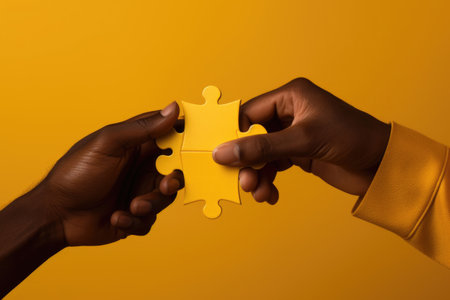 Two hands hold a puzzle piece against a yellow backgroundの素材
