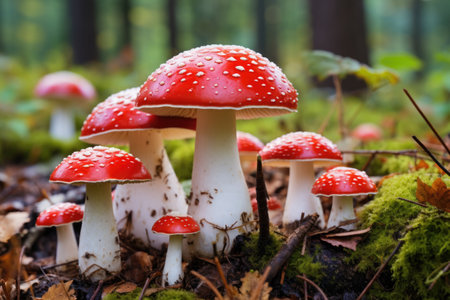 Vibrantly colored Amanita muscaria fungi in the wildの素材