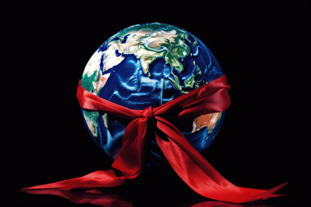 World AIDS Day. Globe tied with red ribbon on black backgroundの素材