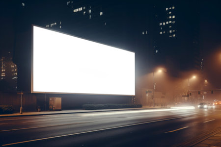 A blank white banner mockup for advertising near a nighttime highway with long exposureの素材