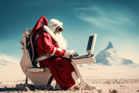 Santa Claus, resembling an astronaut, is seated at a computer desk on an alien worldの素材