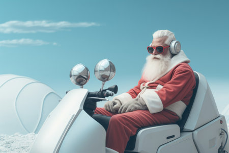 Santa Claus in headphones sits behind wheel of alien car. Santa Claus from another planetの素材