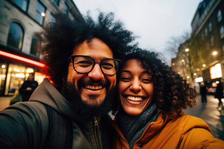 An ecstatic young duo takes a selfie on a festively decorated street, radiating holiday cheerの素材