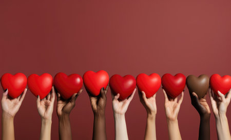 Many different hands are unlikely to hold hearts. Unity, support, love all over the world concept. World AIDS Dayの素材