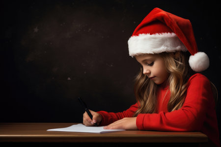 A girl, dressed in a Christmas hat, writes her wishes to Santa Claus on Santa List Day in the holiday atmosphereの素材