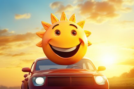 Car and big smiley face in form of sun smilingの素材