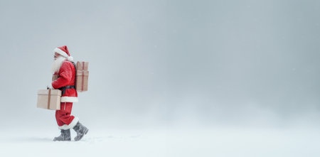 Santa Claus with gifts walks through a snowy field. banner, place for textの素材