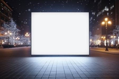 A blank white banner mockup on a city street during the Christmas holidaysの素材