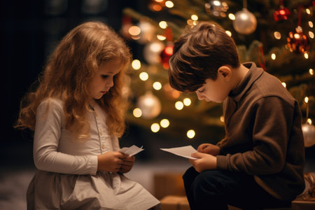 Amidst holiday joy, a boy and a girl write Santa letters on Gift Registry Day.の素材