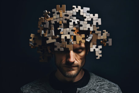 Abstract representation of internal uncertainties, a man with a puzzle-patterned head on a dark backdrop. Thoughts entwined with confusionの素材