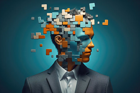 Artistic concept depicting inner conflicts, a man with puzzle pieces forming his head against a dark surface. Contemplative thoughts and perplexityの素材