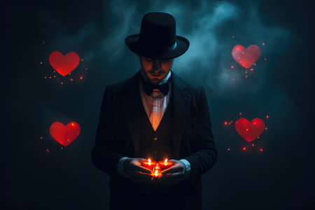 A mystical male oracle conducting a love ritual, surrounded by hearts, against a dark backgroundの素材