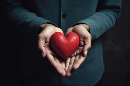 Male hands cradle a heart icon. Represents World AIDS Day, charity, solidarityの素材